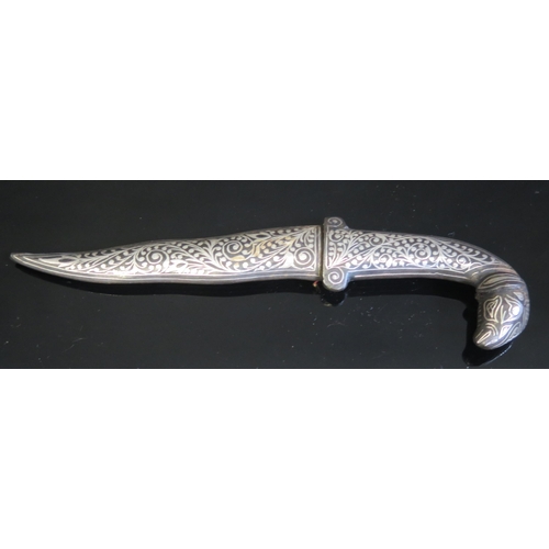 709 - A Persian dagger, with 9cm wavy Damascus blade, with silver and niello enamel handle with goat's hea... 