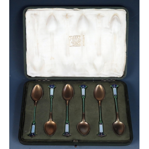 725 - Liberty & CO, a set of six Norwegian silver gilt and enamel Art Nouveau period coffee spoons, bears ... 