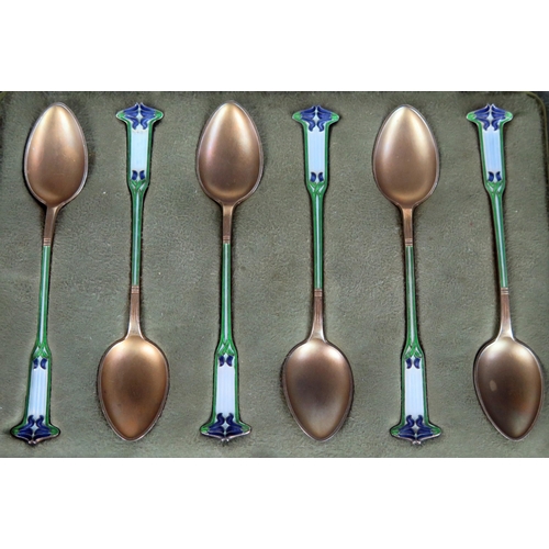 725 - Liberty & CO, a set of six Norwegian silver gilt and enamel Art Nouveau period coffee spoons, bears ... 