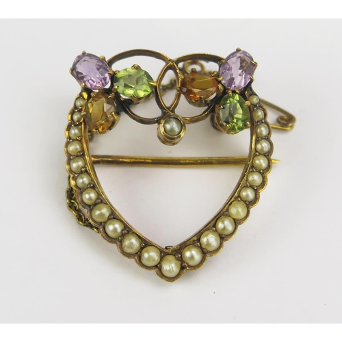 73 - A Precious Yellow Metal, Pearl or Cultured Pearl and Semi Precious Stone Heart Shaped Brooch, early ... 