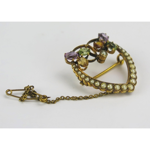 73 - A Precious Yellow Metal, Pearl or Cultured Pearl and Semi Precious Stone Heart Shaped Brooch, early ... 