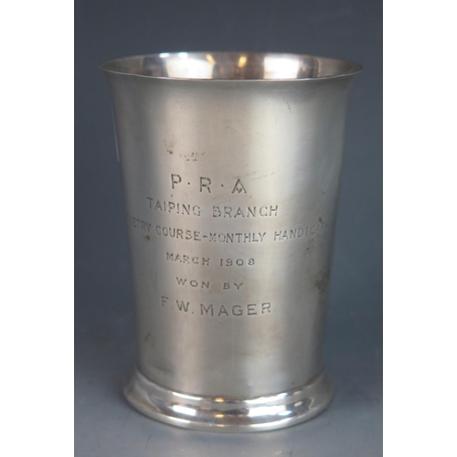 737 - An Edward VII silver tumbler, maker Elkington & Co, Birmingham 1907, inscribed, of cylindrical outli... 