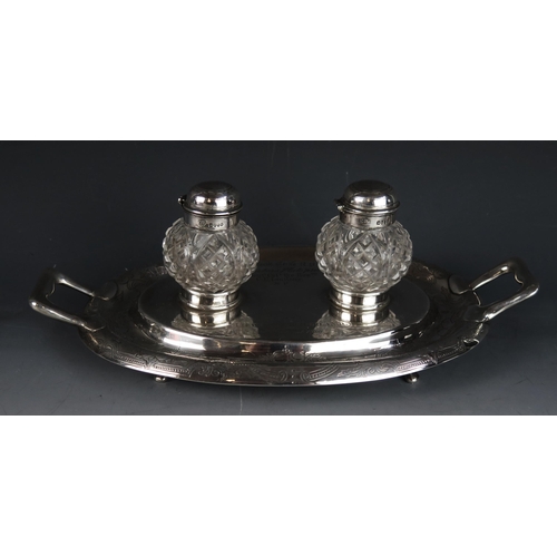 738 - A Victorian silver inkstand maker Charles Boyton II, London, 1865, inscribed, of oval outline with l... 