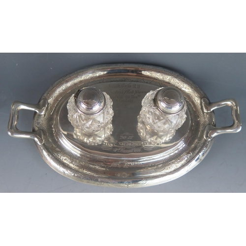 738 - A Victorian silver inkstand maker Charles Boyton II, London, 1865, inscribed, of oval outline with l... 