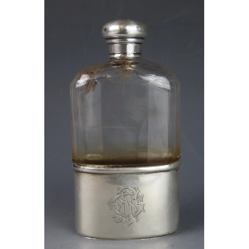 757 - A late Victorian clear glass and silver mounted spirit flask, maker drew & Sons , London 1896, monog... 