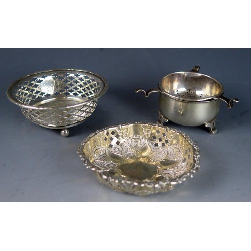 758 - A mixed collection of silver various makers and dates, includes strainer and stand, ands two bon bon... 