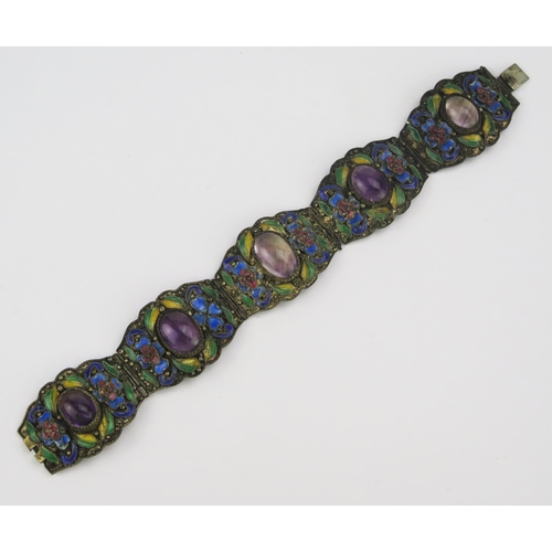 76 - Enamel and Amethyst Five Panel Bracelet in a white metal setting, indistinct mark 