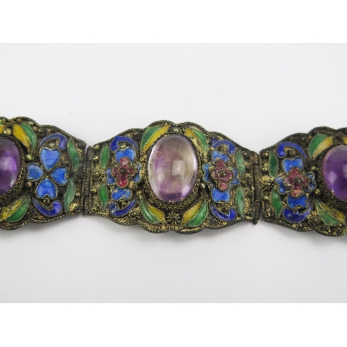 76 - Enamel and Amethyst Five Panel Bracelet in a white metal setting, indistinct mark 