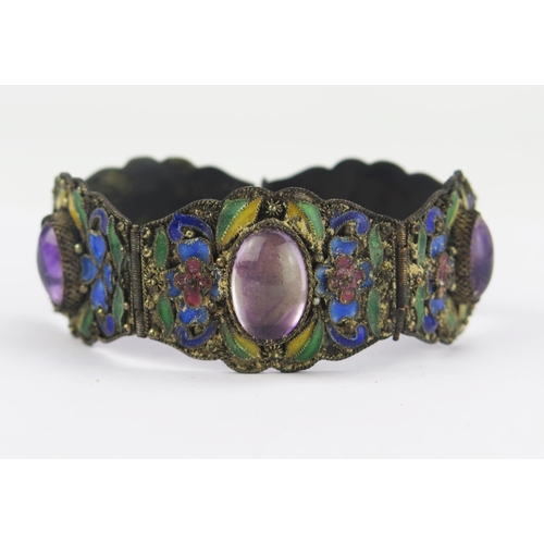 76 - Enamel and Amethyst Five Panel Bracelet in a white metal setting, indistinct mark 