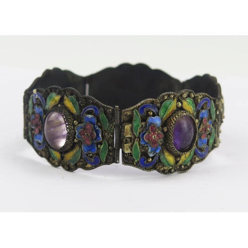 76 - Enamel and Amethyst Five Panel Bracelet in a white metal setting, indistinct mark 