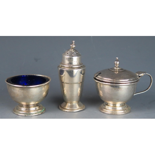 761 - A George VI matched silver three-piece condiment set, various makers and dates, total weight of silv... 