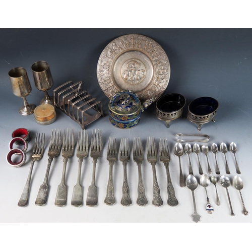 767 - A collection of plated wares including salver, salts, toast rack, flatwares, and a Chinese cloisonné... 