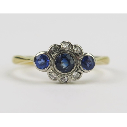 77 - An 18ct Gold, Sapphire and Diamond Ring, c. 3.7mm principal stone, 11.8x8mm head, stamped 18CT PLAT,... 