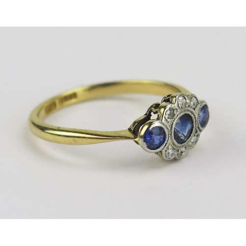 77 - An 18ct Gold, Sapphire and Diamond Ring, c. 3.7mm principal stone, 11.8x8mm head, stamped 18CT PLAT,... 