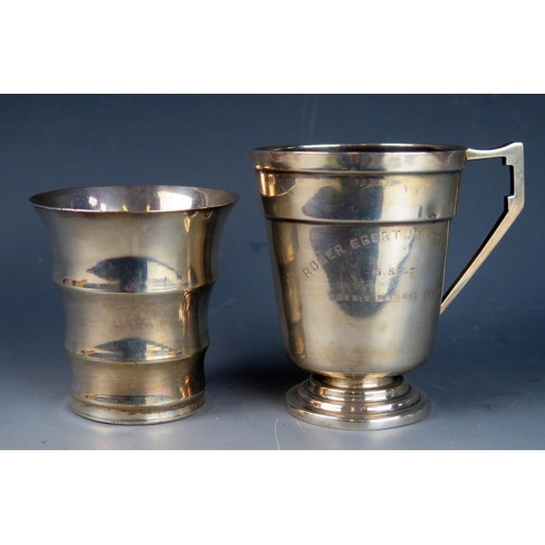 770 - A George VI silver christening mug, maker Fred H Adams & Holman, Birmingham, 1944, inscribed, 9cm hi... 