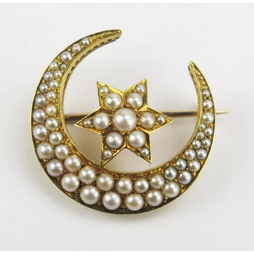 79 - An Antique Precious Yellow Metal and Pearl or Cultured Pearl Crescent and Star Brooch, 28.1mm, KEE t... 