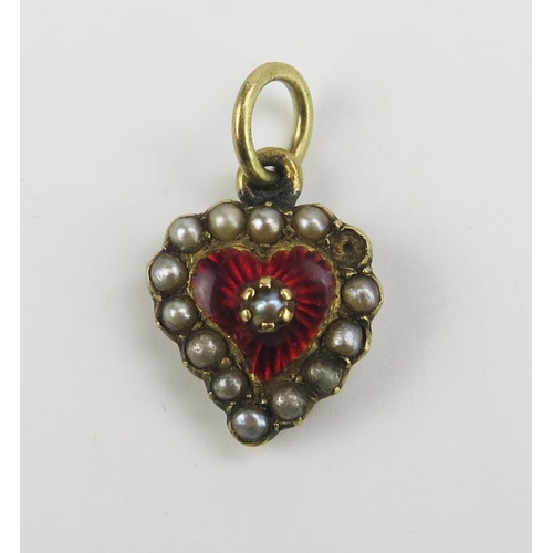 80 - A 19th Century Enamel and Pearl or Cultured Pearl Heart Shaped Pendant in a precious yellow metal se... 