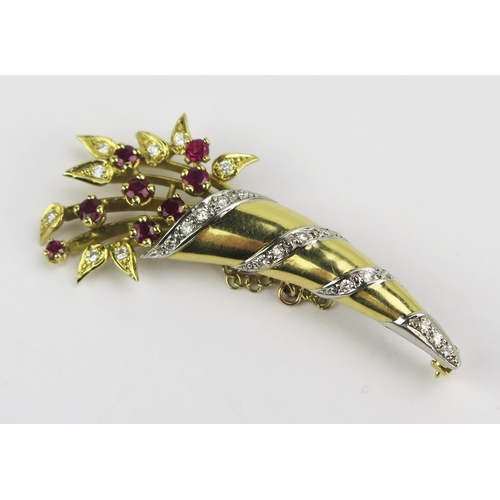 82 - An 18ct Gold, Ruby and Diamond Foliate Spray Brooch, 52.2mm, Birmingham 2005, maker A&W, 10.7g