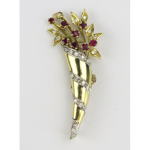 82 - An 18ct Gold, Ruby and Diamond Foliate Spray Brooch, 52.2mm, Birmingham 2005, maker A&W, 10.7g