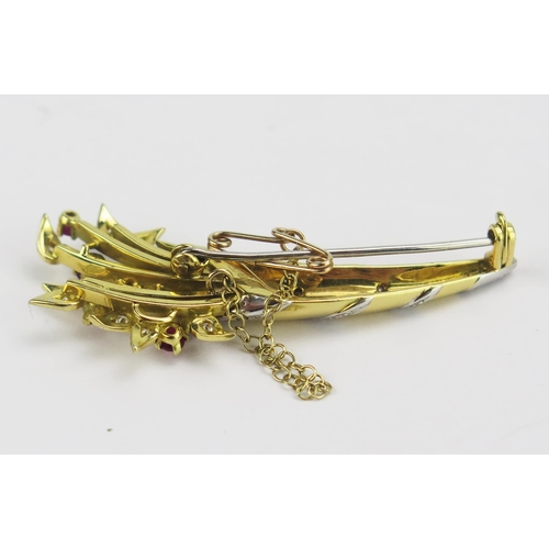 82 - An 18ct Gold, Ruby and Diamond Foliate Spray Brooch, 52.2mm, Birmingham 2005, maker A&W, 10.7g