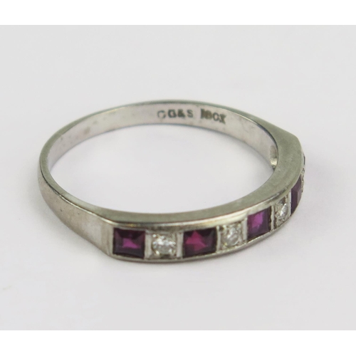 91 - An 18ct White Gold, Ruby and Diamond Half Eternity Ring, 4mm wide band, stamped 18CT, maker G&S, U.5... 