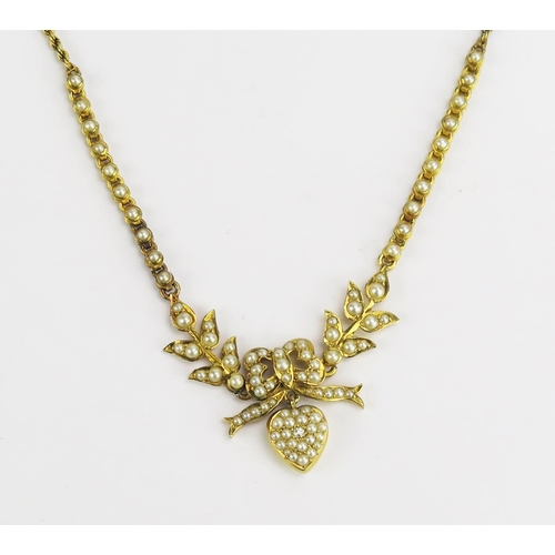 95 - A Victorian Precious Yellow Metal, Pearl or Cultured Pearl and Diamond Necklace with foliate branche... 