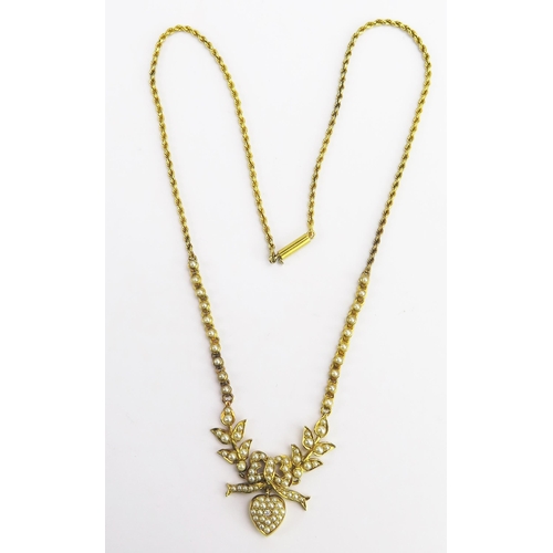 95 - A Victorian Precious Yellow Metal, Pearl or Cultured Pearl and Diamond Necklace with foliate branche... 