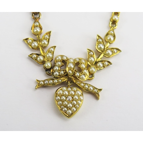 95 - A Victorian Precious Yellow Metal, Pearl or Cultured Pearl and Diamond Necklace with foliate branche... 