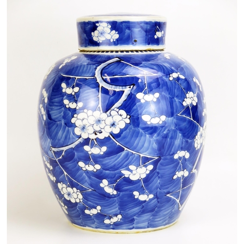 1530 - A Kangxi blue and white jar and cover, of ovoid form, with all-over prunus decoration, bears four ch... 