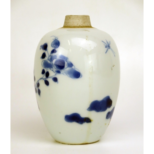 1534 - A Chinese blue and white porcelain ovoid vase with rock and fauna decoration, 11cm high.