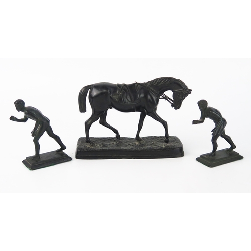 1676 - A bronzed spelter figure of a saddled horse, 14.5cm long, and two bronze figures after the antique '... 