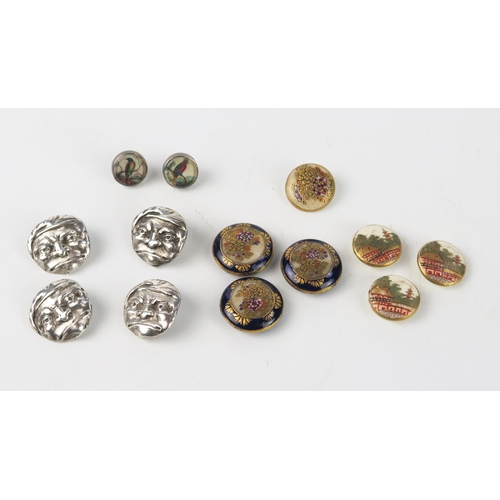 1677 - A collection of Satsuma porcelain buttons, white metal buttons and studs.