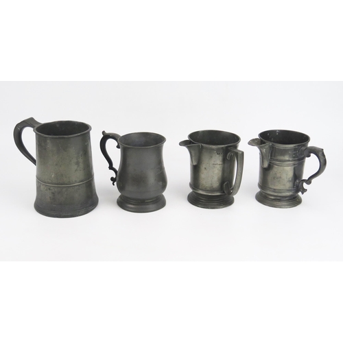 1681 - Two 19th century pewter mugs 15cm and 12cm high, together with two pewter jugs both 12.5cm high, one... 