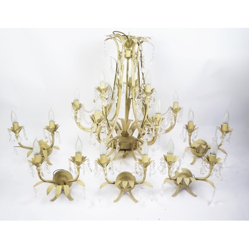 1693 - A painted metal nine branch electrolier, with foliate decorated sconces with faceted glass drops, 86... 