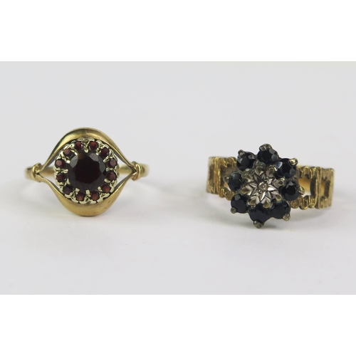 187 - A 9ct Gold and Garnet Cluster Ring (size S, hallmarked, 2.58g) and a 9ct gold, sapphire and diamond ... 