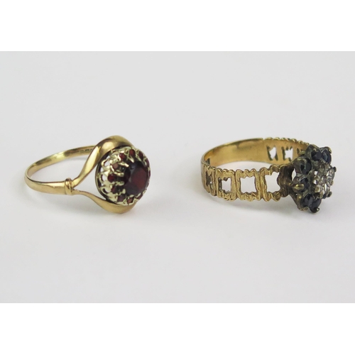 187 - A 9ct Gold and Garnet Cluster Ring (size S, hallmarked, 2.58g) and a 9ct gold, sapphire and diamond ... 