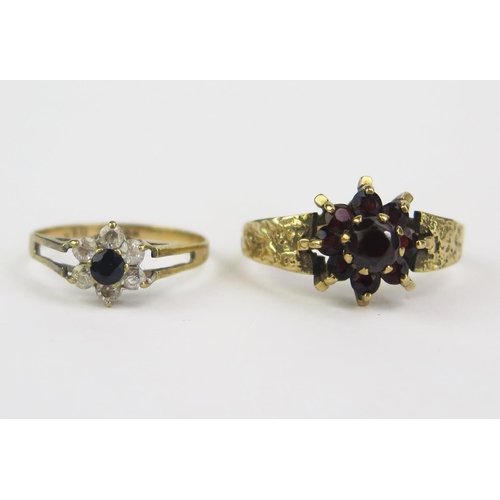 188 - A 9ct Gold and Garnet Cluster Ring (size R.5, stamped 9ct, 4.2g) and a 9ct gold, sapphire and CZ clu... 