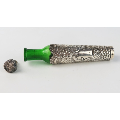 776 - An Edward VII green glass and silver mounted scent bottle13.5cm long. and stopper, all marks worn, B... 