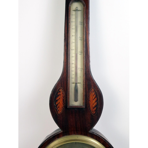 1200A - P Fosanelli, Bishops Castle, a 19th century mahogany and inlaid wheel barometer, the case with broke... 