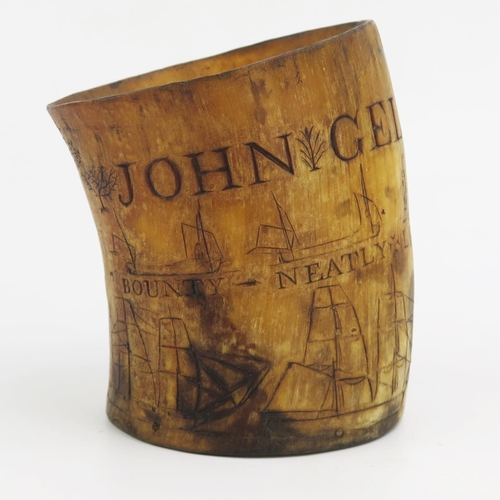 1335 - A 19th century scrimshaw horn inscribed 'John Gelberd, Bounty - Neatly Lost, May 9 1839. Victory' de... 