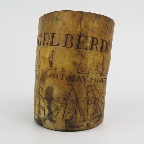 1335 - A 19th century scrimshaw horn inscribed 'John Gelberd, Bounty - Neatly Lost, May 9 1839. Victory' de... 