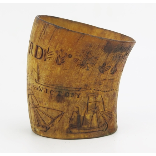 1335 - A 19th century scrimshaw horn inscribed 'John Gelberd, Bounty - Neatly Lost, May 9 1839. Victory' de... 