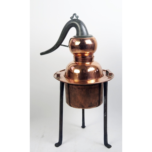 1684 - A 19th century French  polished copper still, with swept metal spout, with cylindrical reservoir, mo... 