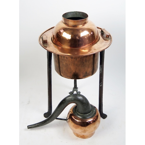 1684 - A 19th century French  polished copper still, with swept metal spout, with cylindrical reservoir, mo... 