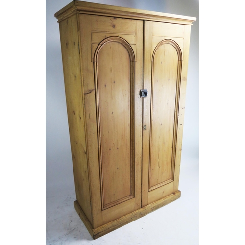 1707 - A Victorian stripped pine cupboard, the top with a moulded cornice above a pair of arched moulded pa... 