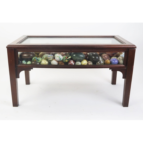 1708 - *WITHDRAWN* A low mahogany bijouterie table, with rectangular hinged glazed panel lid, with glazed s... 