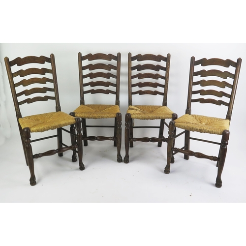 1712 - A set of four elm ladder back dining chairs, with sisal seats raised on turned legs linked by stretc... 