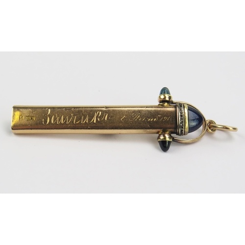 338 - A Fabergé 14ct Gold, Cabochon Sapphire and Rose Cut Diamond Pencil Holder Fob, 88.9mm overall length... 