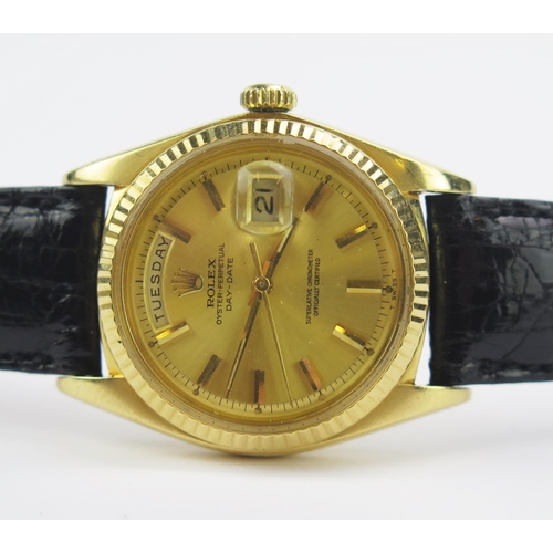 A ROLEX  President 18ct Gold Oyster Perpetual Day-Date Wristwatch, ref: 1803, case no. rubbed probably 4233609, 36mm case, caliber 1556 automatic movement no. DD989398. Running
