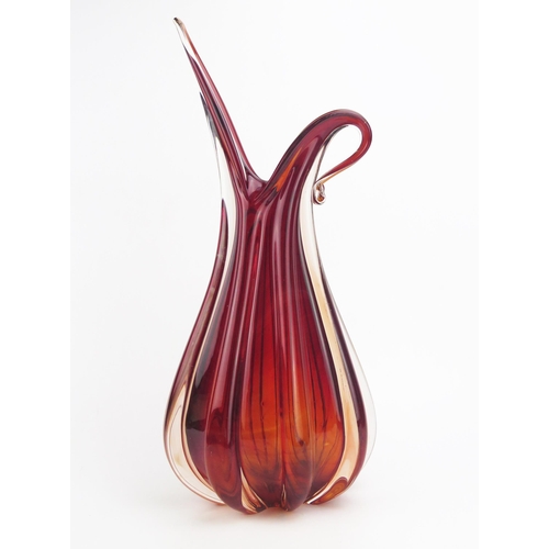 1071A - A mid 20th century red Murano glass vase, possibly to a design by Flavio Poli, for Seguso. with ribb... 